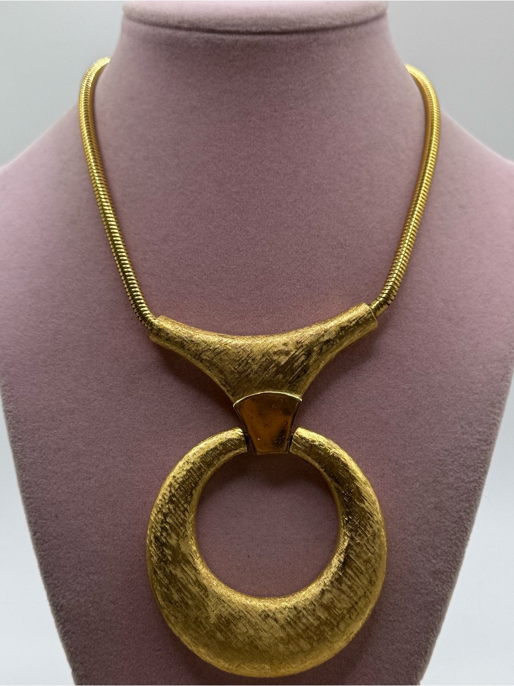 1960s Crown Trifari Pendant Necklace Modernist Large Textured Snake Chain